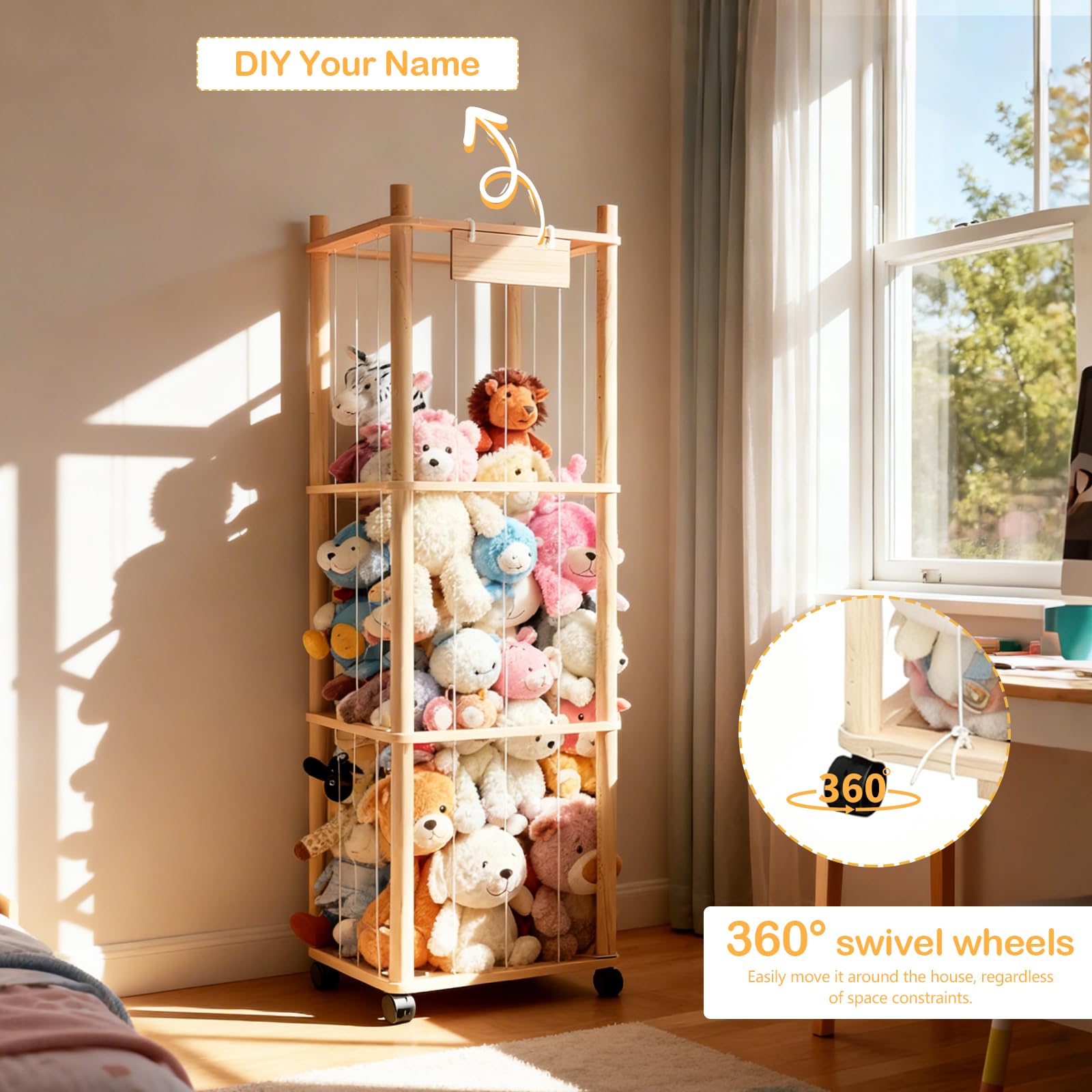 Almacenamiento Juguetes, Organizador Peluches de Madera con Reudas a 360°y Frenos Organizador Juguetes Infantil de Peluches Portaositos de Peluche para Habitaciones Infantiles, Salas de Juegos