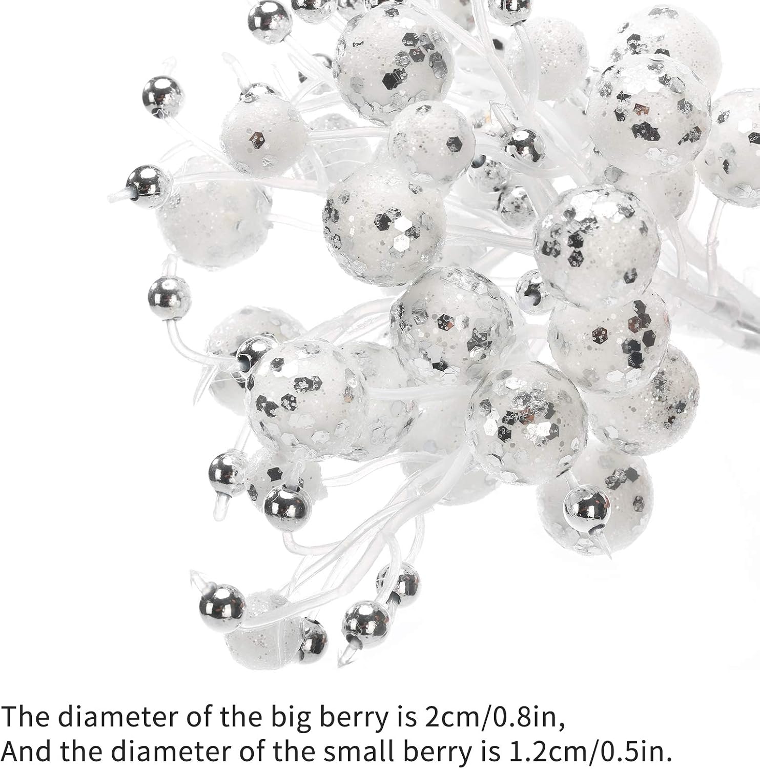Funarty 8 Pack Christmas Berry Picks Silver White Artificial Glittered Berries Stems for Christmas Tree Wedding Party Décor