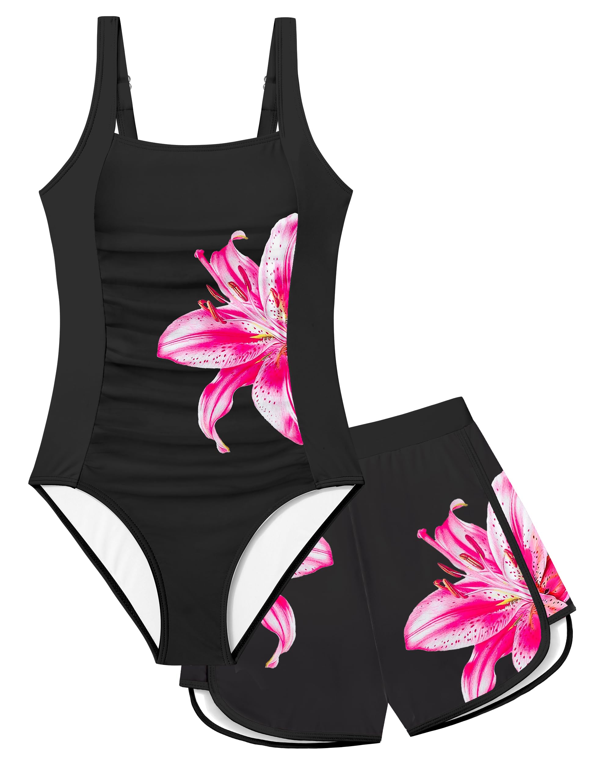 Girls Swimsuit One Piece Swimsuits Color Block Bathing Suit for Girls Adjustable Strap Padded Swimwear with Shorts