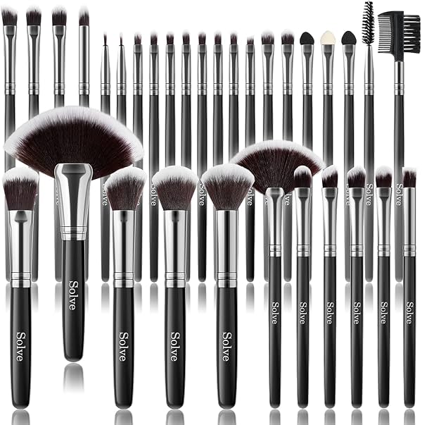 Set de Brochas de Maquillaje, SOLVE 32 Piezas Profesionales con Mango de Madera para Base, Corrector, Polvo, Rostro y Ojos, Nylon Negro, 32 Piezas