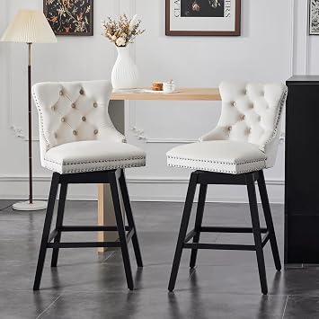 Counter Height Bar Stools, 360 Swivel Bar Stools with Backs, Premium Velvet Fabric Upholstered Counter Height Chairs, Solid Wood Legs, Beige, 26" H Seat, Set of 2