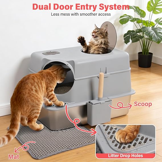 Extra Large XL Stainless Steel Litter Box with Lid, Light Grey