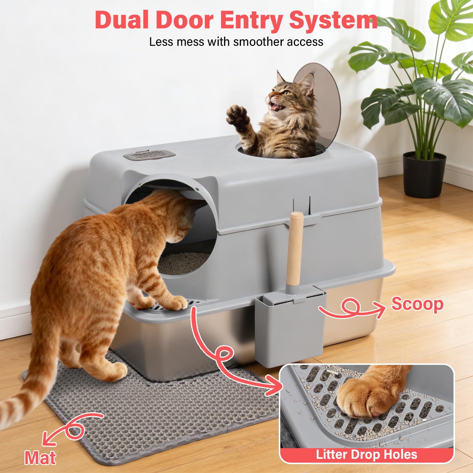 Enclosed Stainless Steel Cat Litter Box with Lid, XL Large Metal Litter Box Stainless Steel, Odor-Free/Anti-Leakage & Non-Stick/Easy Clean, High Sided Litter Box with Mat & Scoop for Big Cats - image 5