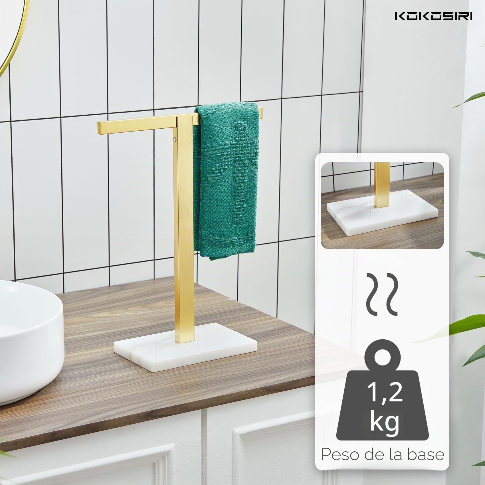 KOKOSIRI Toallero de Mano con Base de mármol para baño, Cocina, tocador, encimera, Acero Inoxidable Dorado de 15.7 Pulgadas de Altura, THS0002-SM-BG