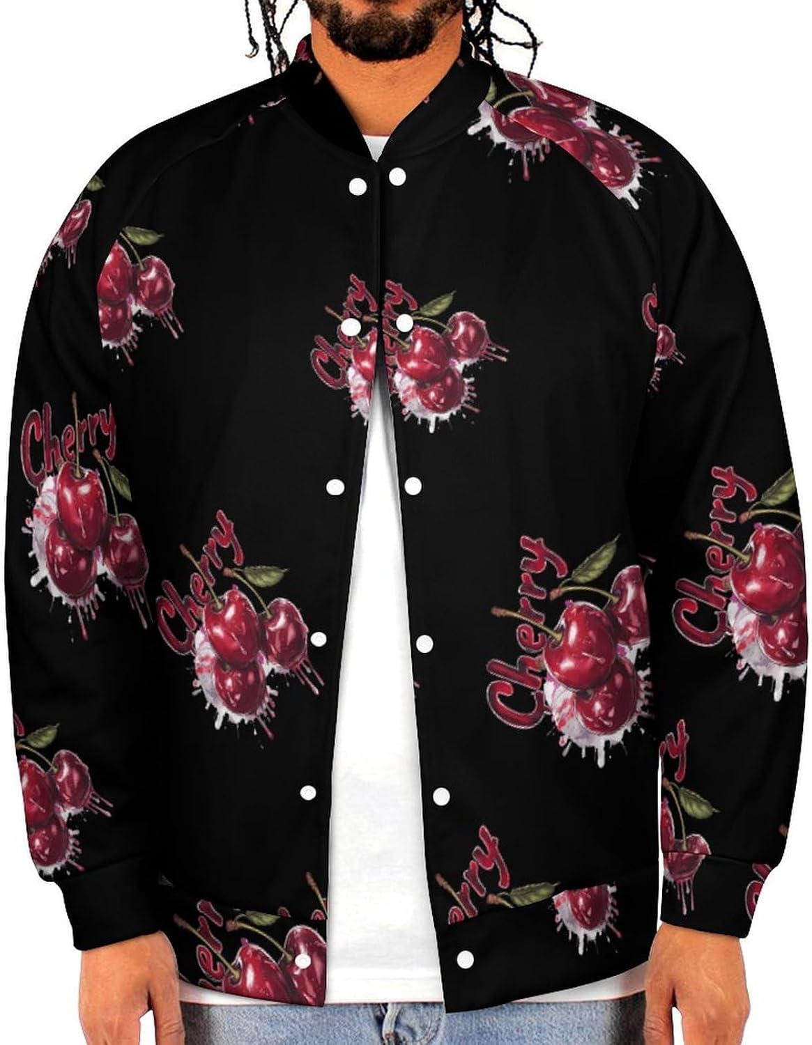 Watercolor Cherry Novelty Men's Baseball Jackets Causal Sweatshirt Button Top Long Sleeve Coat