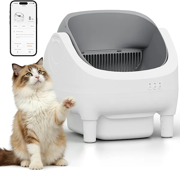Greesum Open-Top Automatic Cat Litter Box - Self-Cleaning Function, Smart APP Operation, Effortless Odor Reduction, 15L Spacious Waste Bin, Comes with Trash Bags & Mat(Grey)