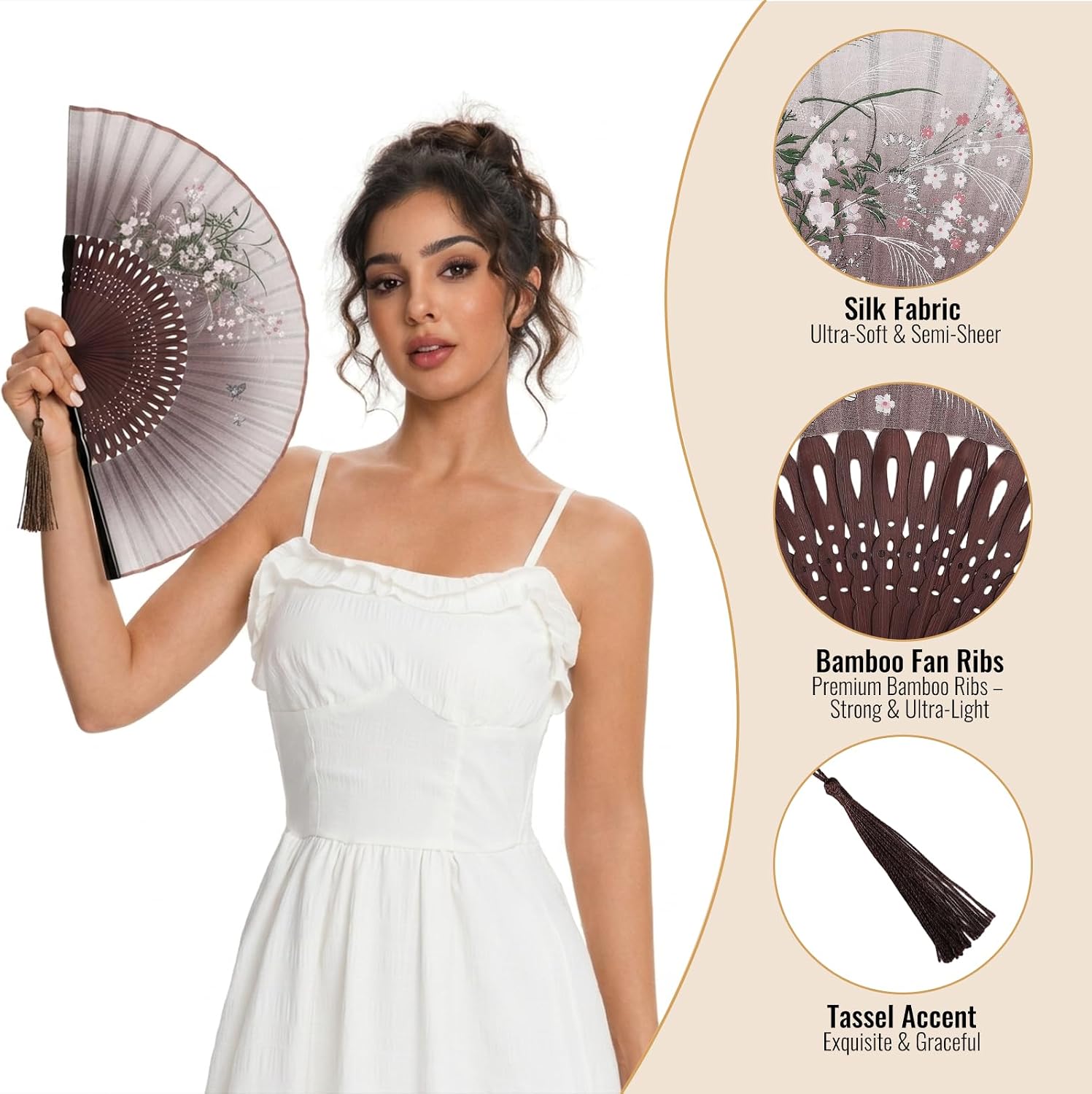 Hand Fan Foldable for Women, Handheld Fan, Brown Grassflower