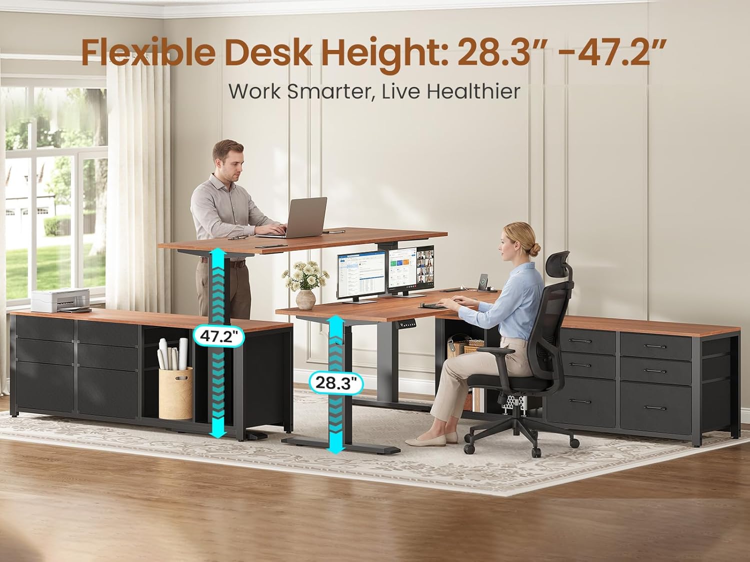 SEDETA L Shaped Electric Standing Desk, 55" x 55" Height Adjustable Office Executive Desk with 6 Fabric Drawers and Storage Shelves, Sit Stand Computer Desk with Power Outlet for Home Office (Brown)