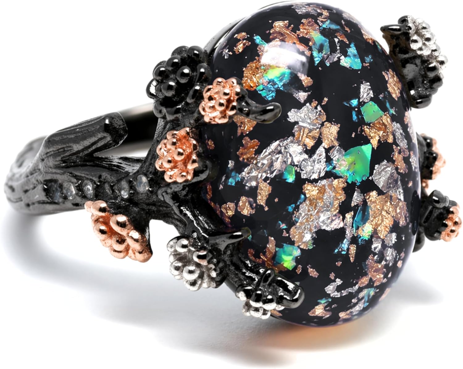 Henrietta Simulated White Fire Opal Ring for Women by Ginger Lyne | Gothic Elven Black and Rose Gold Plated Accents Tree Branch Setting with Cubic Zirconia | Fantasy Promise Statement Jewelry