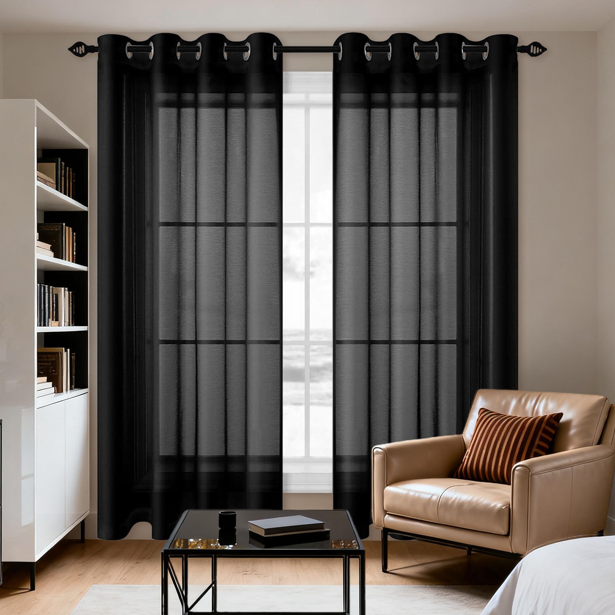 Rideau voilage transparent noir 170 x 330 cm pour grand vitrage et dressing