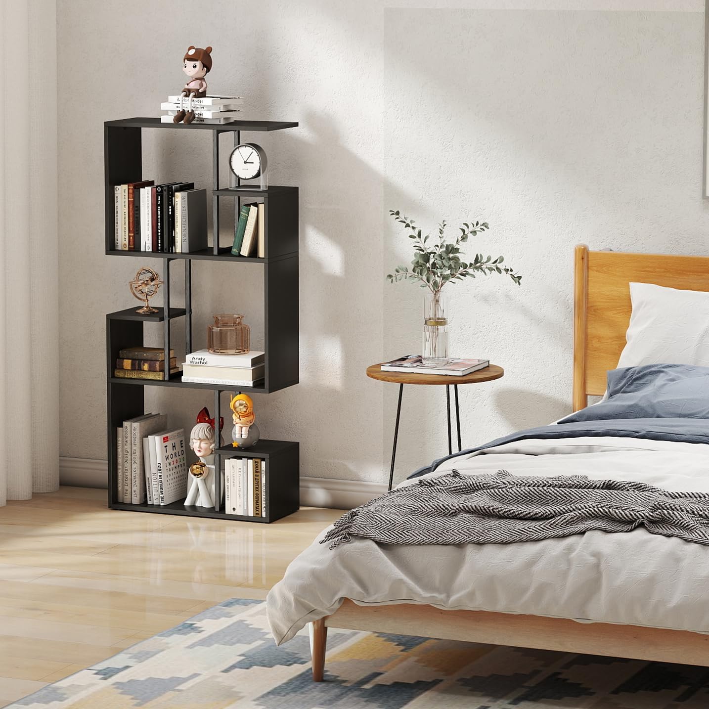 Manora 3 Tier Geometric Bookcase, S Shaped Bookshelf, Modern Black Brown Bookcase with Tall Display Shelves, Decorative Storage Shelf for Living Room and Bedroom