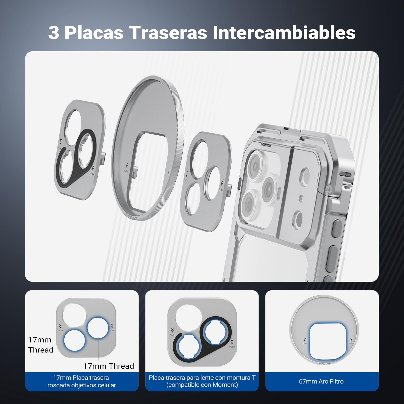 NEEWER Phone Cage Jaula Móvil Kit Compatible Solo con iPhone 17 Pro MAX, Video Rig Estabilizador con 67mm Filtro Aro,17mm Lens Backplate, T Mount Adaptador,Dos Asas Liberación Rápida,PA144 (Plateado)