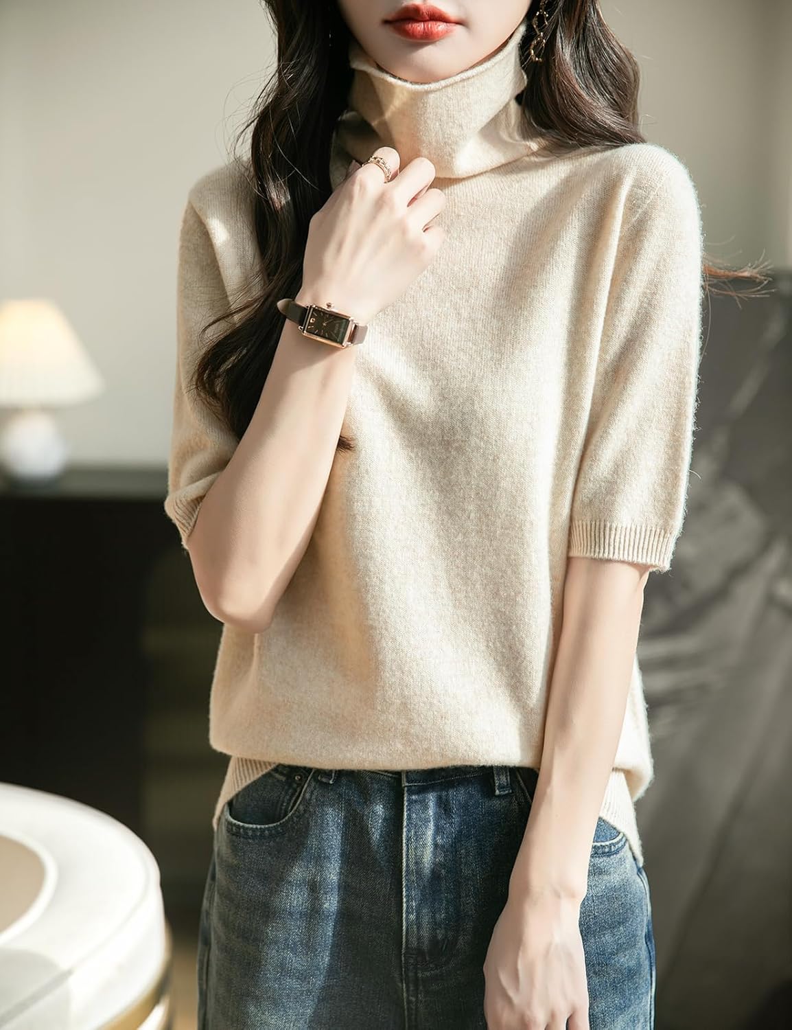 Chanyarn Women's Turtleneck 100% Merino Wool Spring Fall Winter First-Line Ready to Wear Seamless Knit Short Sleeve Sweater - Image 6