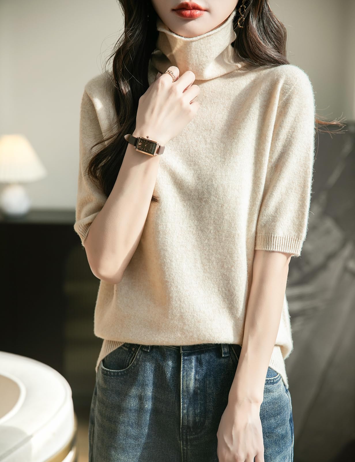 Chanyarn Damen 100% Merinowolle Kurzarm Pullover 2025 Frühjahr Sommer Winter Weich Leicht Rollkragen Nahtloser Strickpullover Sweatshirt
