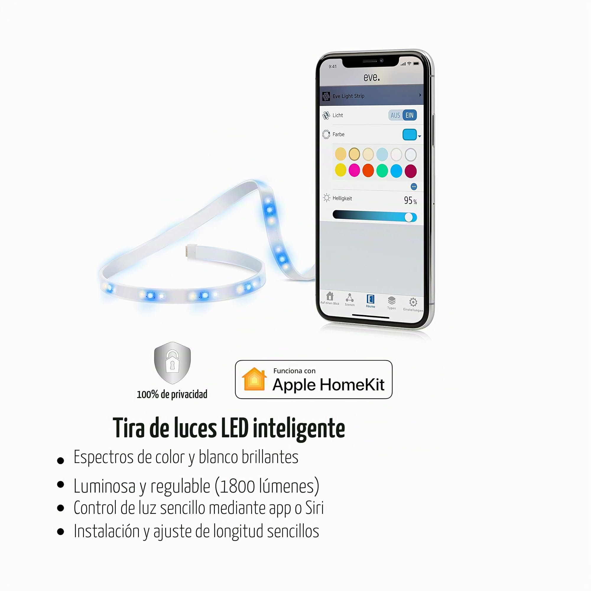 EVE Light Strip - Tira de luz LED inteligente, luz blanca de espectro completo y a color, 1800 lúmenes, no necesita centralita, Iluminación adaptable, HomeKit