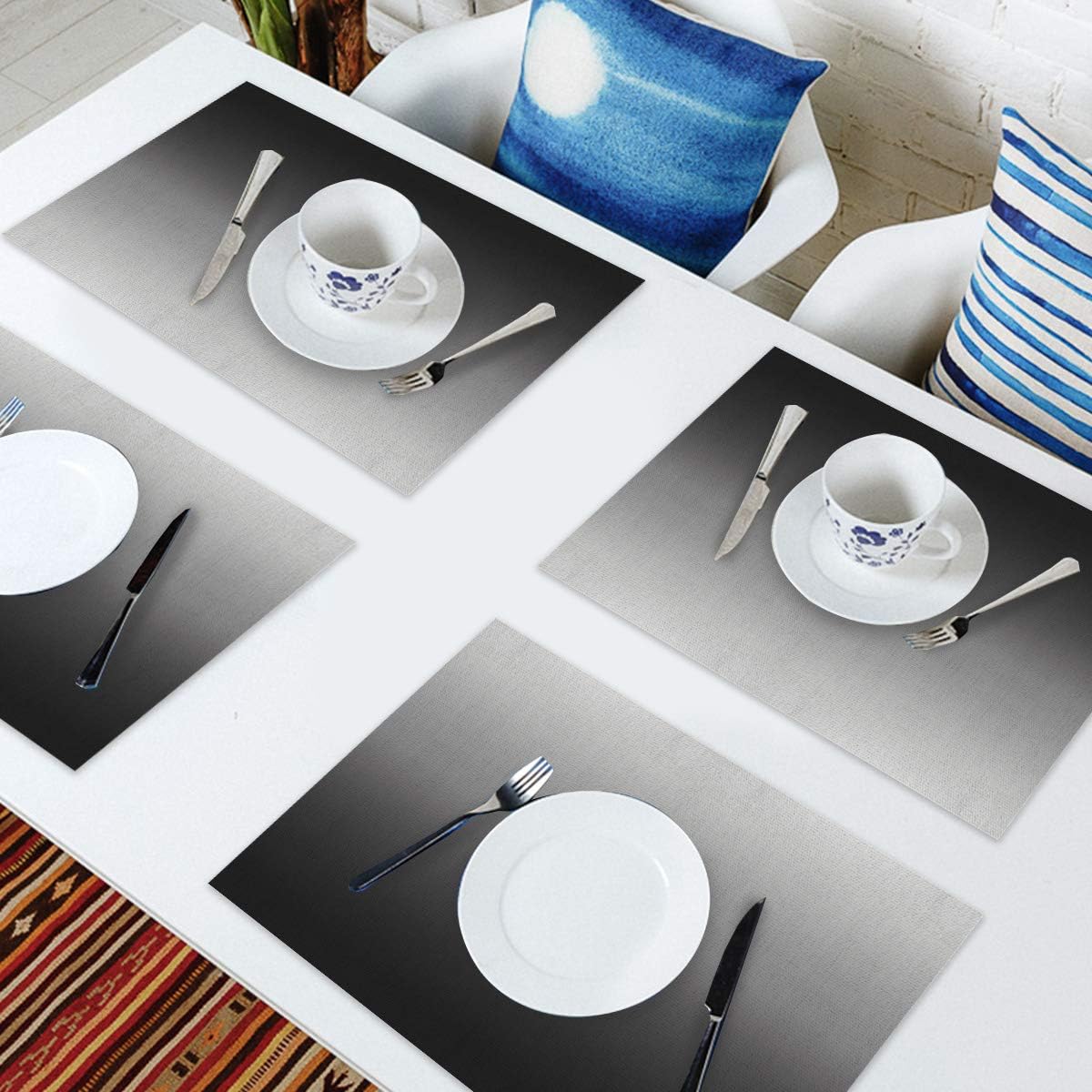 Chic D Black Gray Indoor Placemat Set of 6, Non-Slip Placemats for Kitchen/Dining Table/BBQ/Patio/Parties, 12"x18" Washable Durable Cotton-Linen Table Mats, Ombre