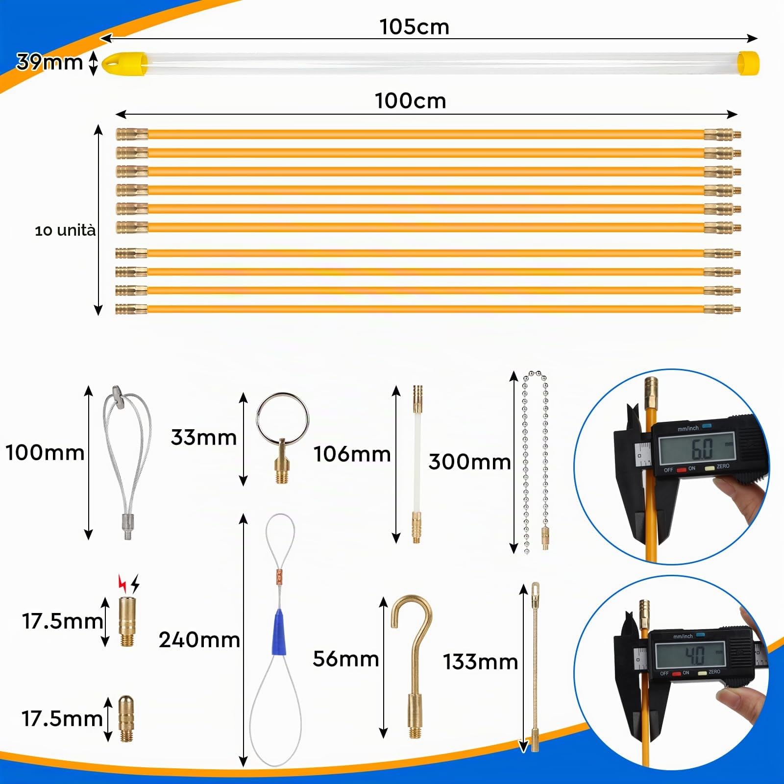 EFUTURETIME 10 x Sonda Passacavi 1m (Ø 4mm x 4, Ø 6mm x 6), Sonda Elettricista Professionale Fibra di Vetro Flessibili con 9 Accessori