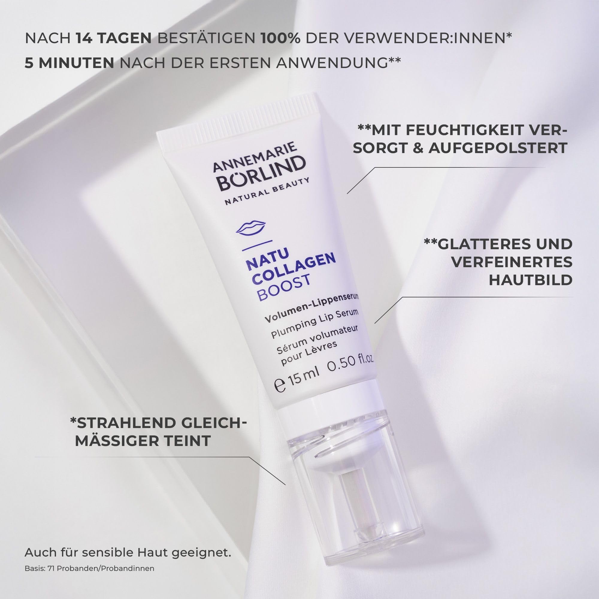 ANNEMARIE BÖRLIND NATUCOLLAGEN BOOST Volumen-Lippenserum (15ml) - Veganes Kollagen Kombiniert Mit Einem Booster Aus Weißer Lupine - Strafft, Spendet Feuchtigkeit und Repariert Spröde Lippen, Vegan