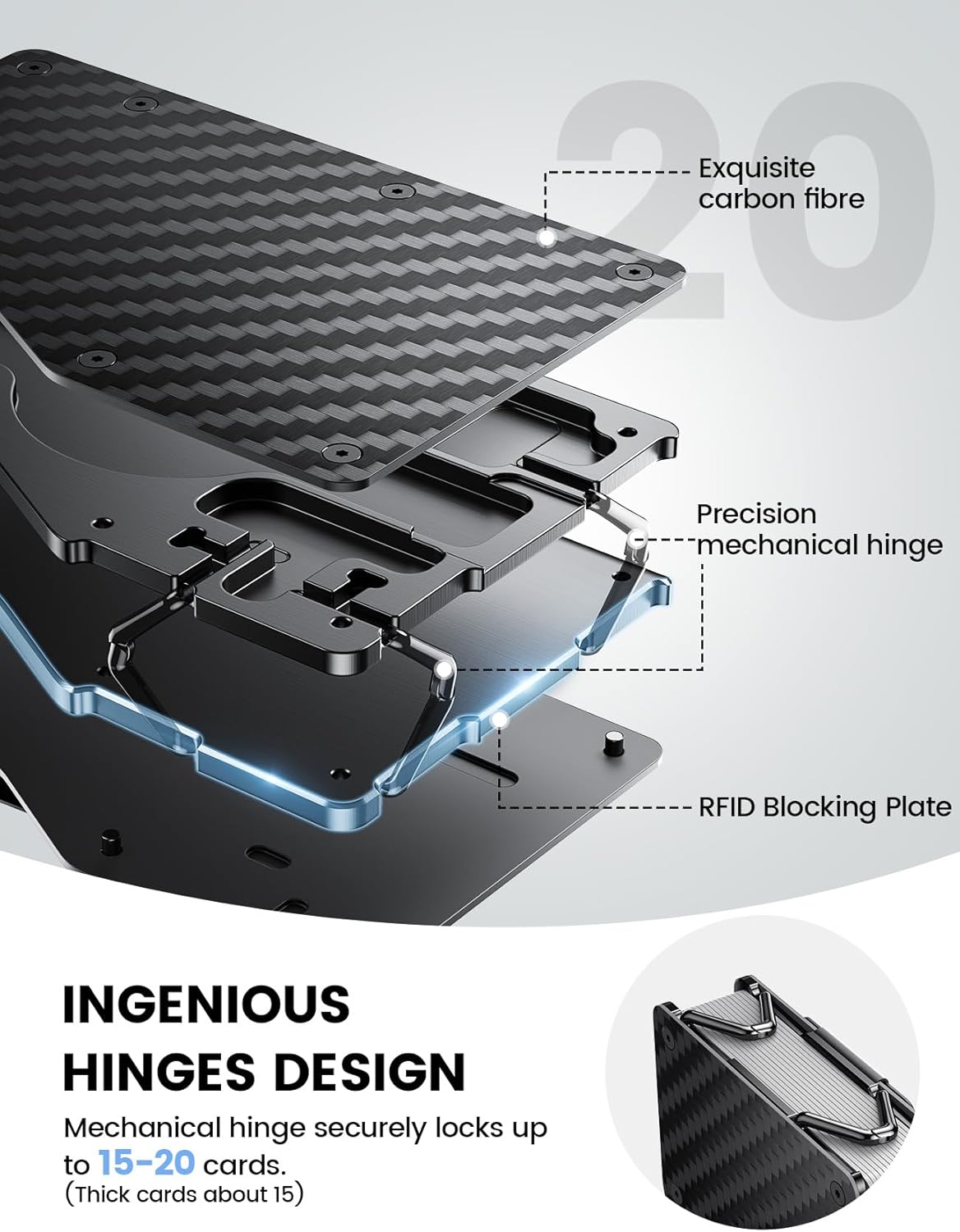 Lamicall Minimalist Carbon Fiber Wallet - Slim Metal RFID Blocking Card Holder with Mechanical Hinge (No Elastic) - Holds 15-20 Cards, Money Clip & Cash Strap Included - Front Pocket EDC Gear for Men - Image 4