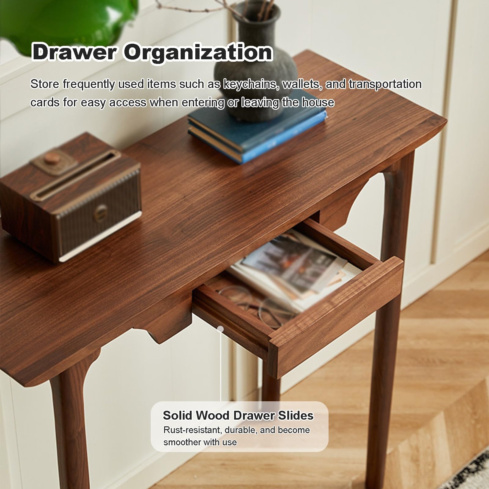 Wąski stół na konsolę do domu wiejskiego z szufladą, stolik na sofę z litego drewna, do przedpokoju i salonu, oszczędzający miejsce design (110 cm) - rustykalne meble domowe