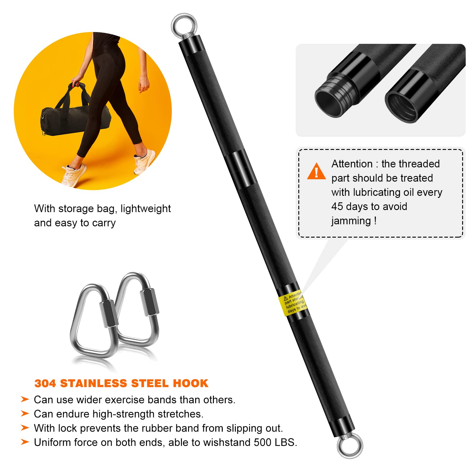 DASKING Barra Elastici Fitness, per Fasce di Resistenza, Kit Barre per Pilates Multilunghezza, Staccabile Barra per Esercizi in Acciaio Legato -Workout bar for Yoga - Attrezzatura da Palestra in Casa