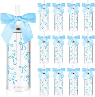 Skylety 12 Pcs 14oz Blue Bow Plastic Bottle with Straw Lid and Twist Bow