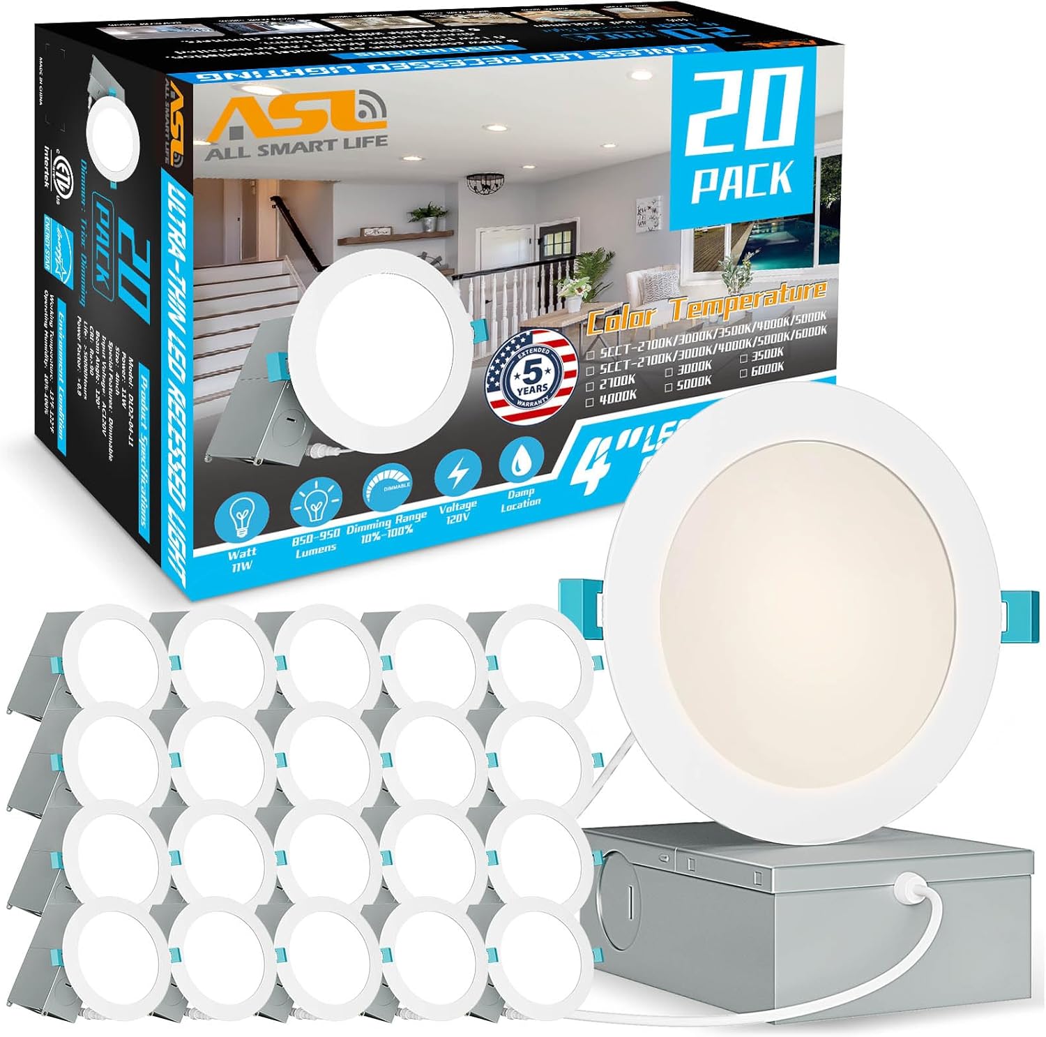 Allsmartlife 20-Pack 4 Inch LED Recessed Light, 4000K 11W=75W 950LM ...