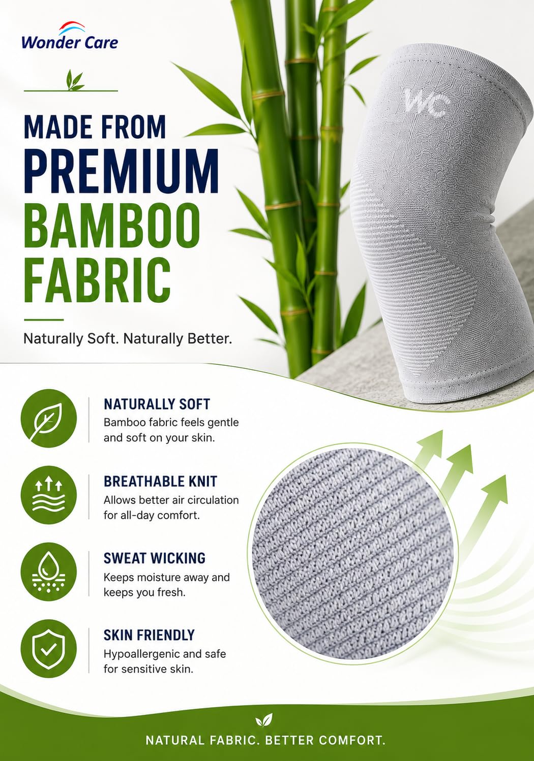 Wonder Care Genouillère en bambou - Genouillère pour homme et femme - Genouillère pour arthrose, ménisque et sport - Bandage de compression avec stabilisation - Genouillère pour fitness (5XL)