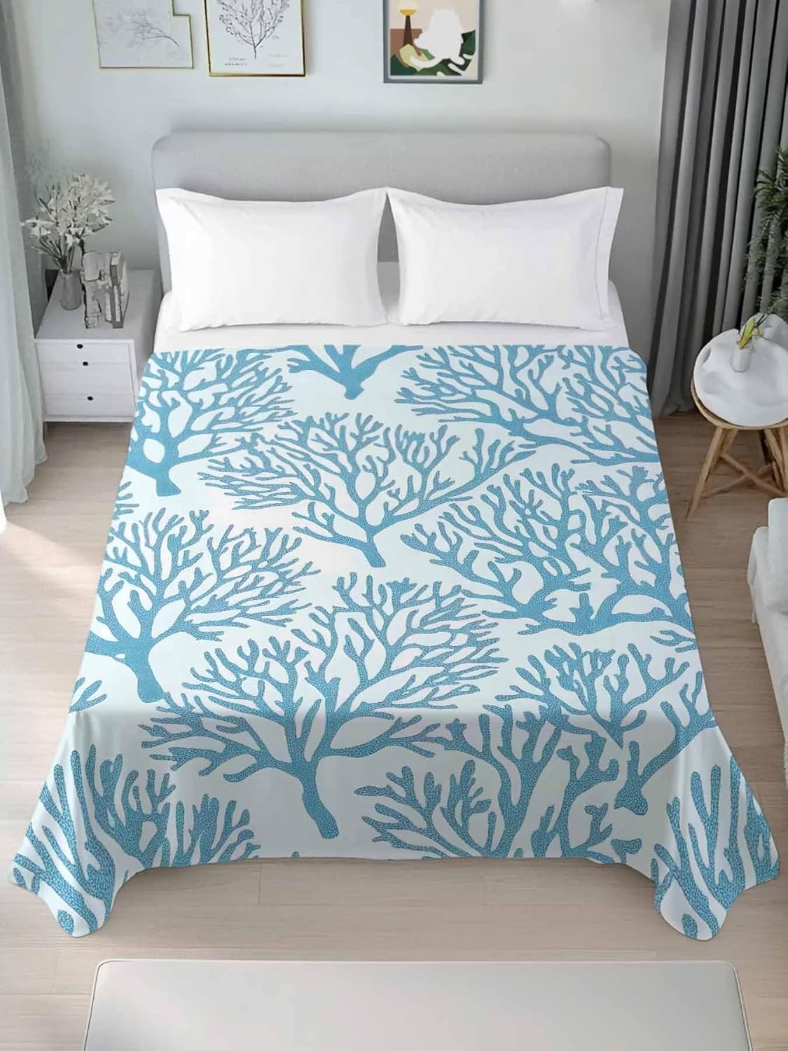 Top Sheet Full Bedding Flat Sheet Only, Summer Blue Coral Microfiber Bed Sheets Soft Breathable Bedding Flat Sheets, Abstract Marine Plants Hotel Luxury Top Sheets