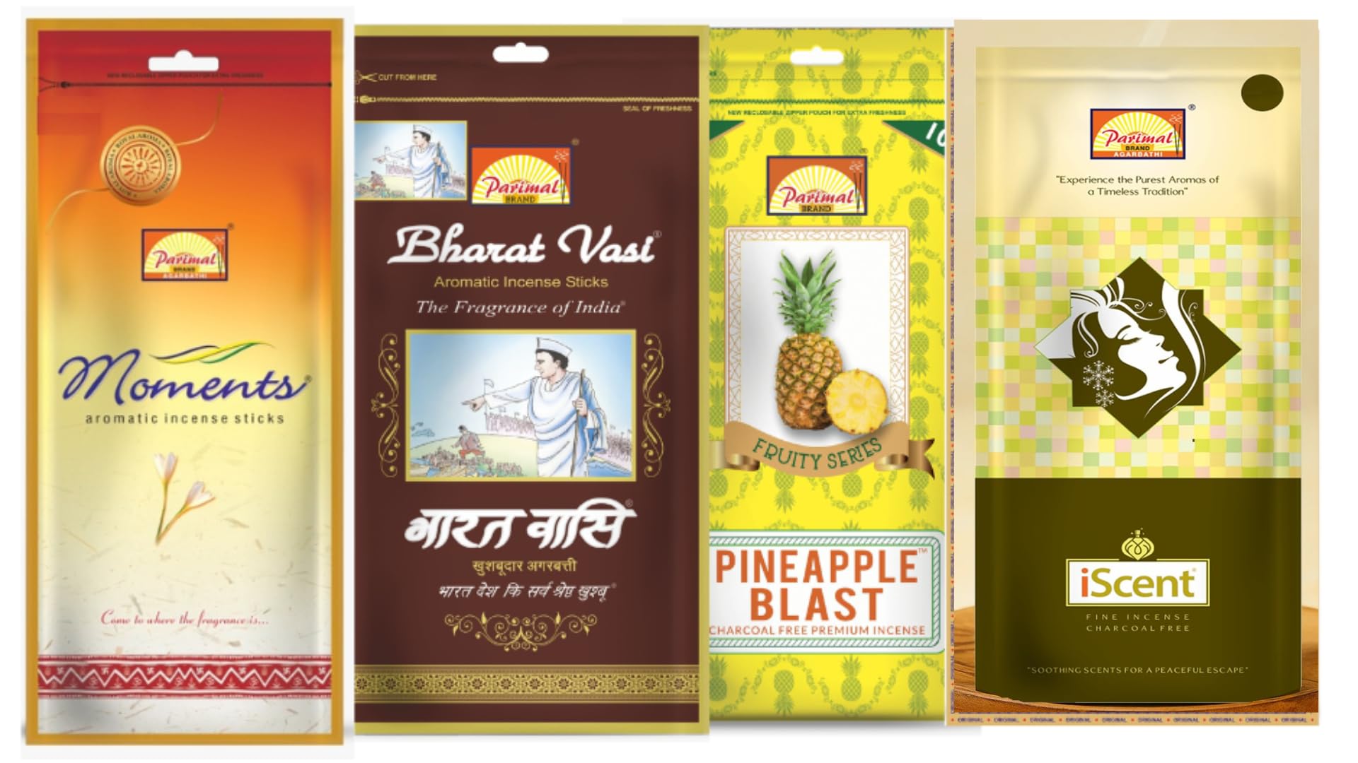Parimal Assorted Pooja Incense/Agarbatti Zipper Pouch Combo (280-300 Sticks) (400g) | Burn Time - 45-60 Min | Bharat Vasi-Moments -Pineapple-Iscent| Sandal & Fruity Scents |Incense Sticks|Pack of 4-image-17