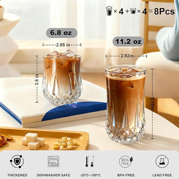 Set de 8 Vasos Ruckae, 11 oz y 7 oz, Vidrio Curvo, Apto Lavavajillas miniatura 3