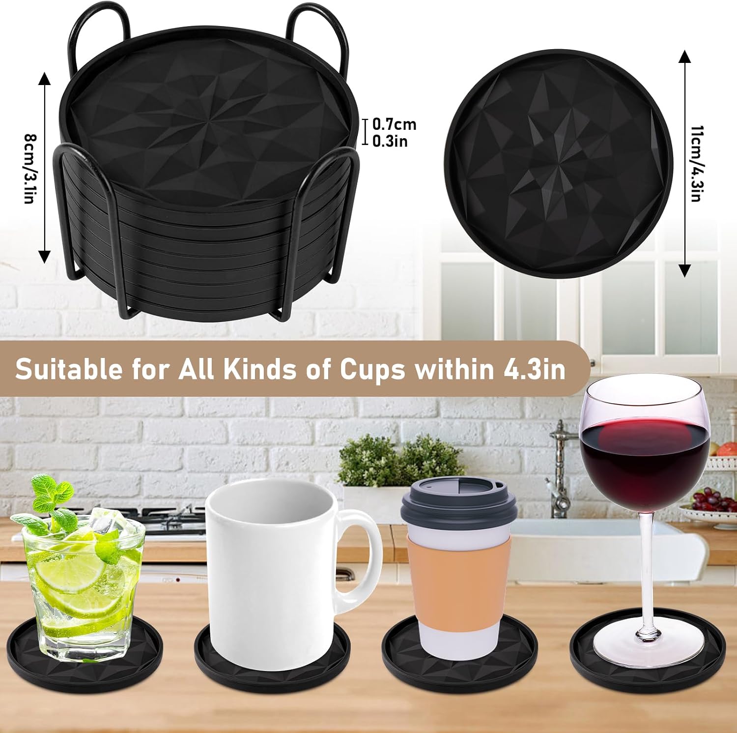 OIAHOMY 8 Pcs Coasters with Holder for Beer, Coffee, Silicone Coaster Set for Table Decor for Kitchen, Bar, Dining Room, Living Room, Housewarming Gifts - Black image 2