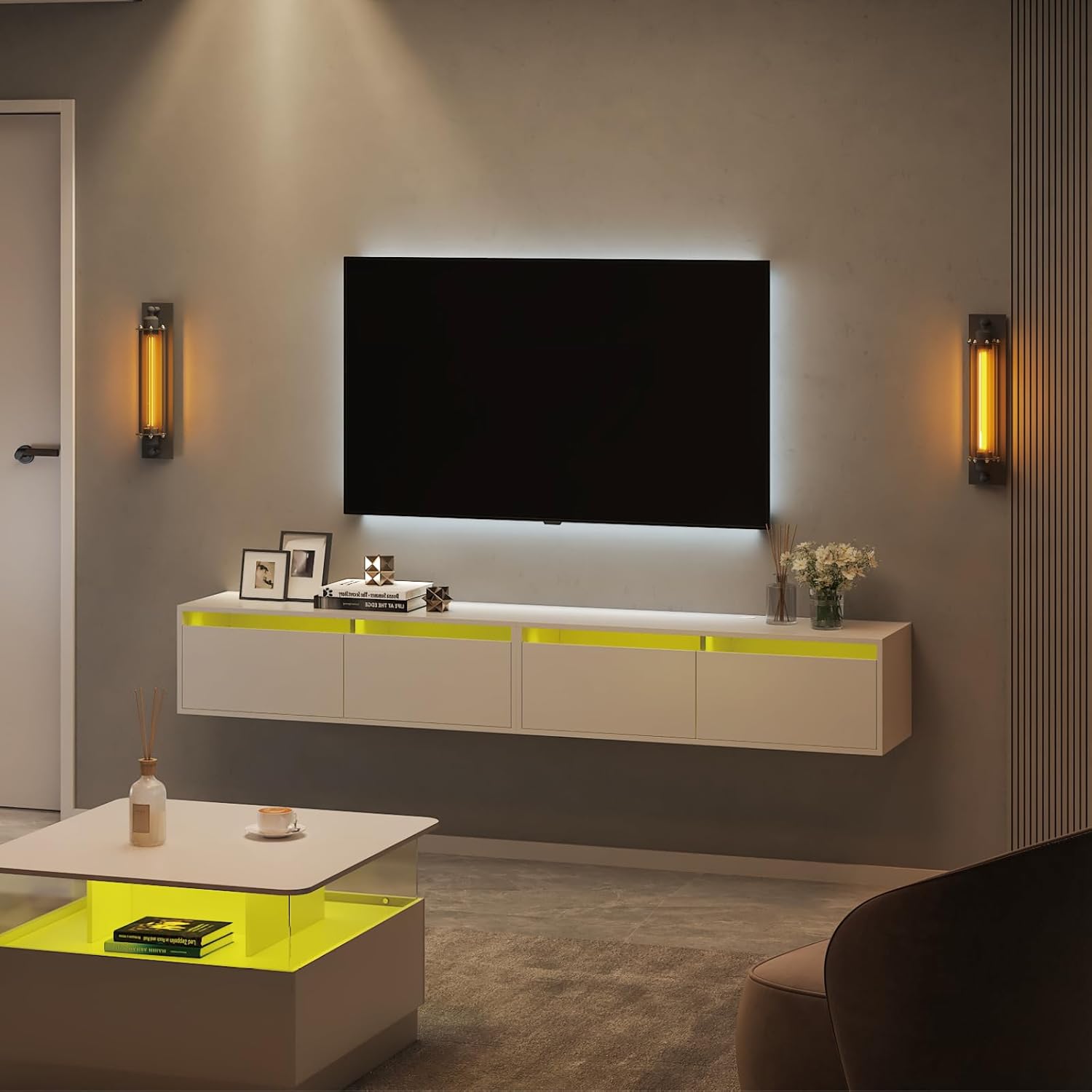 HedoAjim Floating TV Stand for 55 65 70 75 78 85 95 inch TV, for Living Room, Bedroom, Wall-Mounted Entertainment Center with 2 Flip-Down Cabinet Doors, with LED Lights, Black, Set of 2