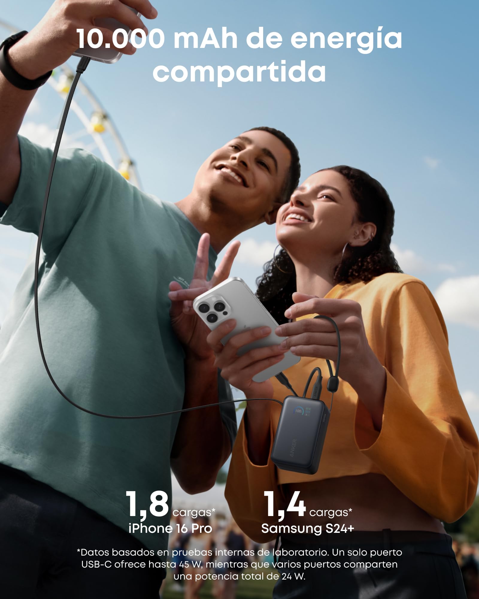 Anker Nano Power Bank Cargador portátil de 10000 mAh Cable retráctil Anker InstaCord de 70 cm batería de 45W de Potencia máxima, para iPhone 17/16, iPad, Galaxy, Pixel y más