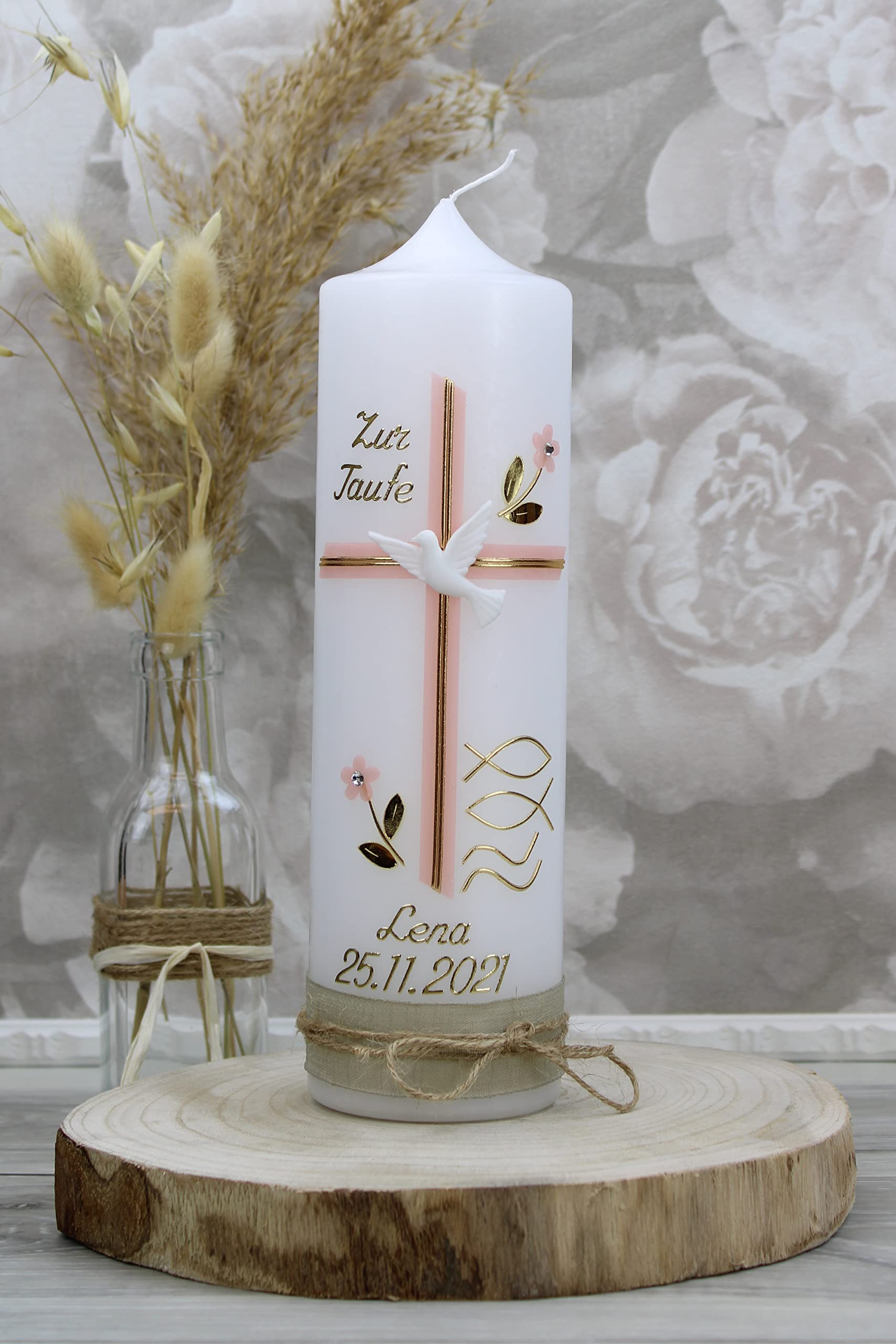 Cerziies® Taufkerze LENA Junge oder Mädchen mit Name und Datum, individuell und handverziert 1285
