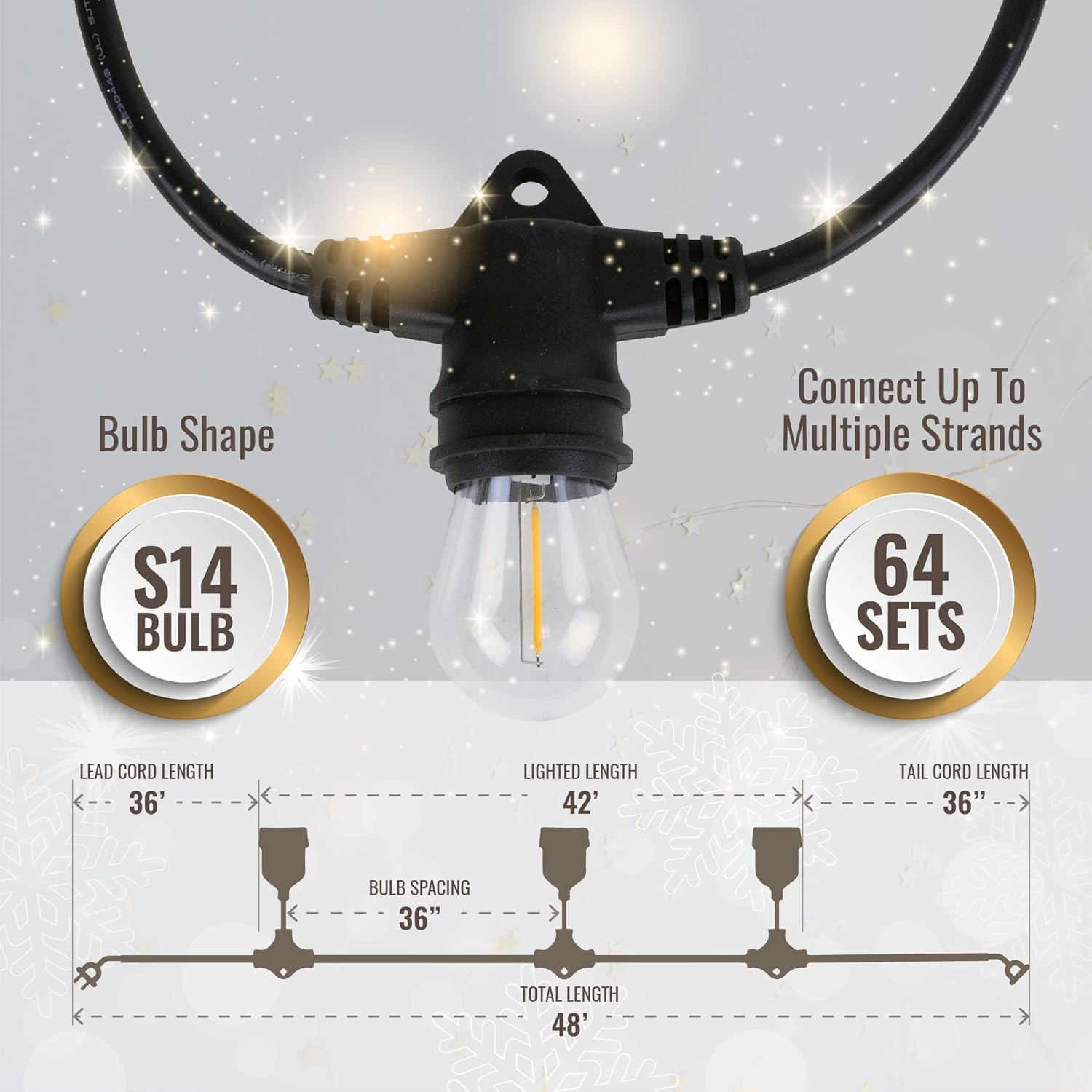 Aurio 48ft Waterproof Outdoor String Lights with Inline Vintage LED Edison Bulbs - Commercial Grade Patio Lights for Cafe Ambiance - 36 in Light Spacing