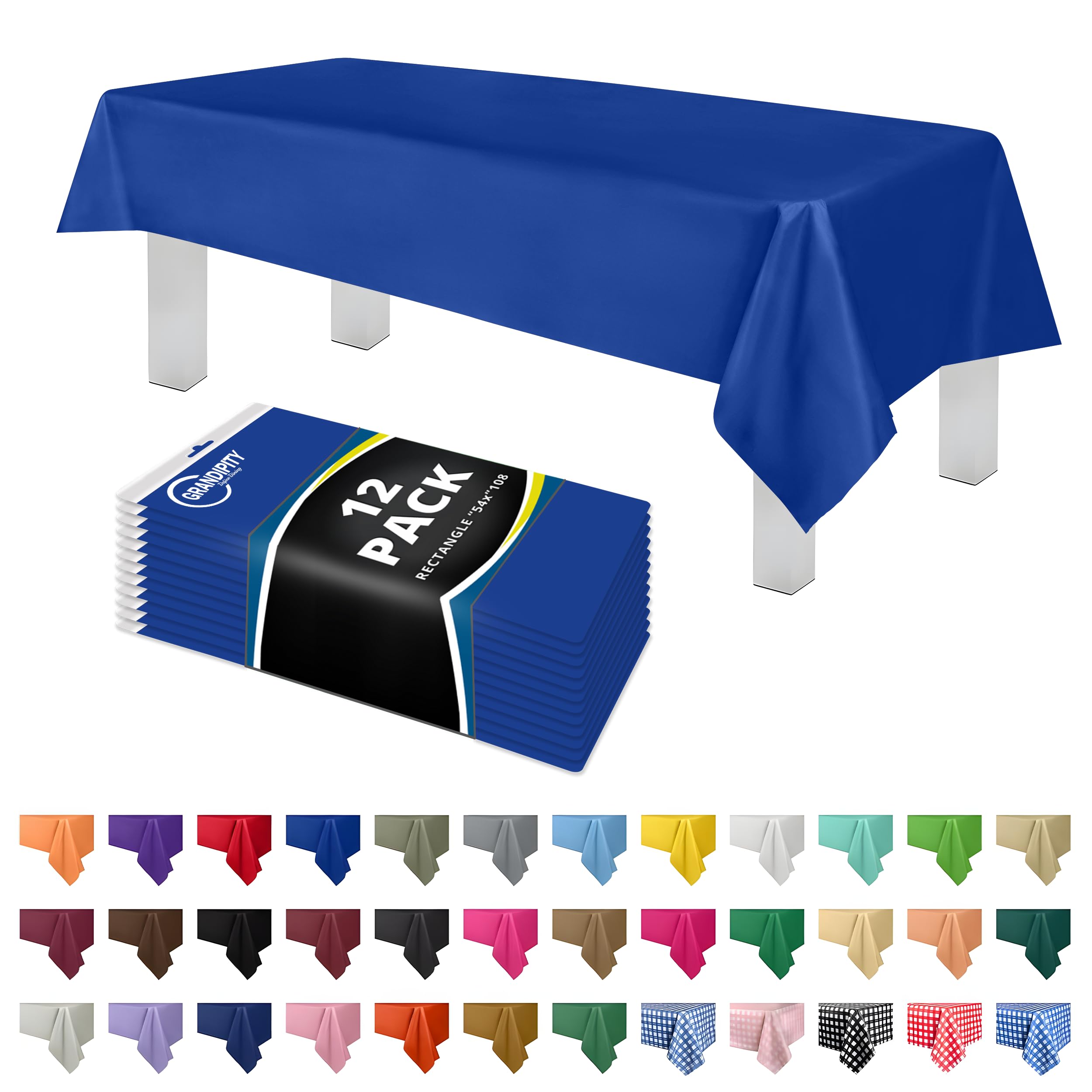 Grandipity 12 Pack Premium Disposable Plastic Tablecloth 54 Inch. x 108 Inch. Decorative Rectangle Table Cover - Blue