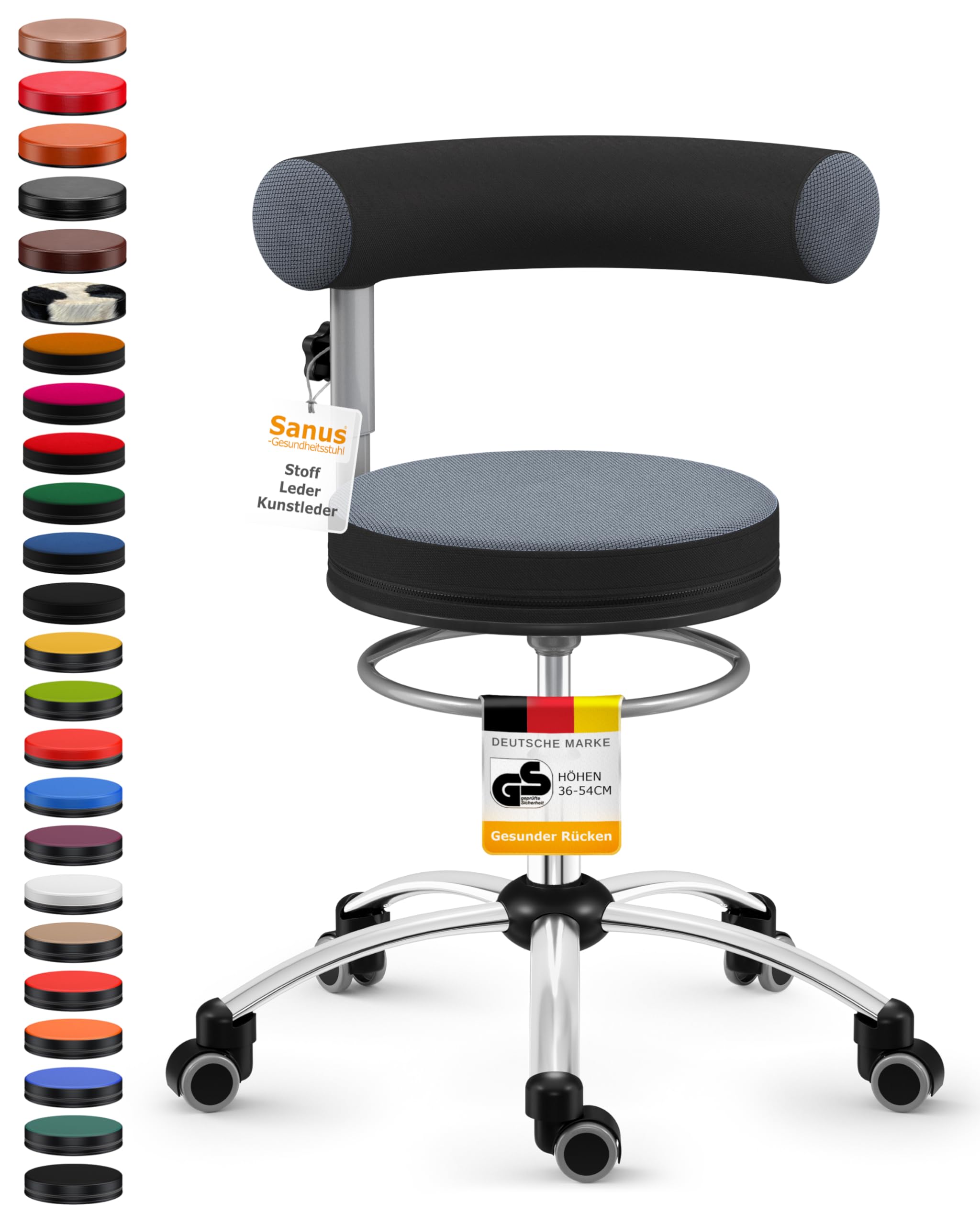 Sanus®-Gesundheitsstuhl | Rollhocker mit 360° Lehne, höhenverstellbarer Lehne, Sitzhöhe (42-51 cm), Stoffbezug grau/schwarz, Rollstopp-Rollen. Ergonomischer Bürostuhl, Erzieherstuhl