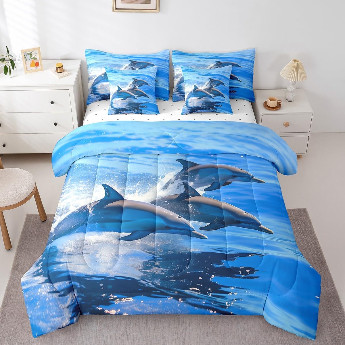 Manfei Dolphin Bedding Set Cute Dolphins Sealife Bed in a Bag Lovely Ocean Animals Comforter Set King Size 7 Pieces for Kids Boys Teens Bed Set with Comforter,Sheet Set,Pillowcases,Pillow Covers