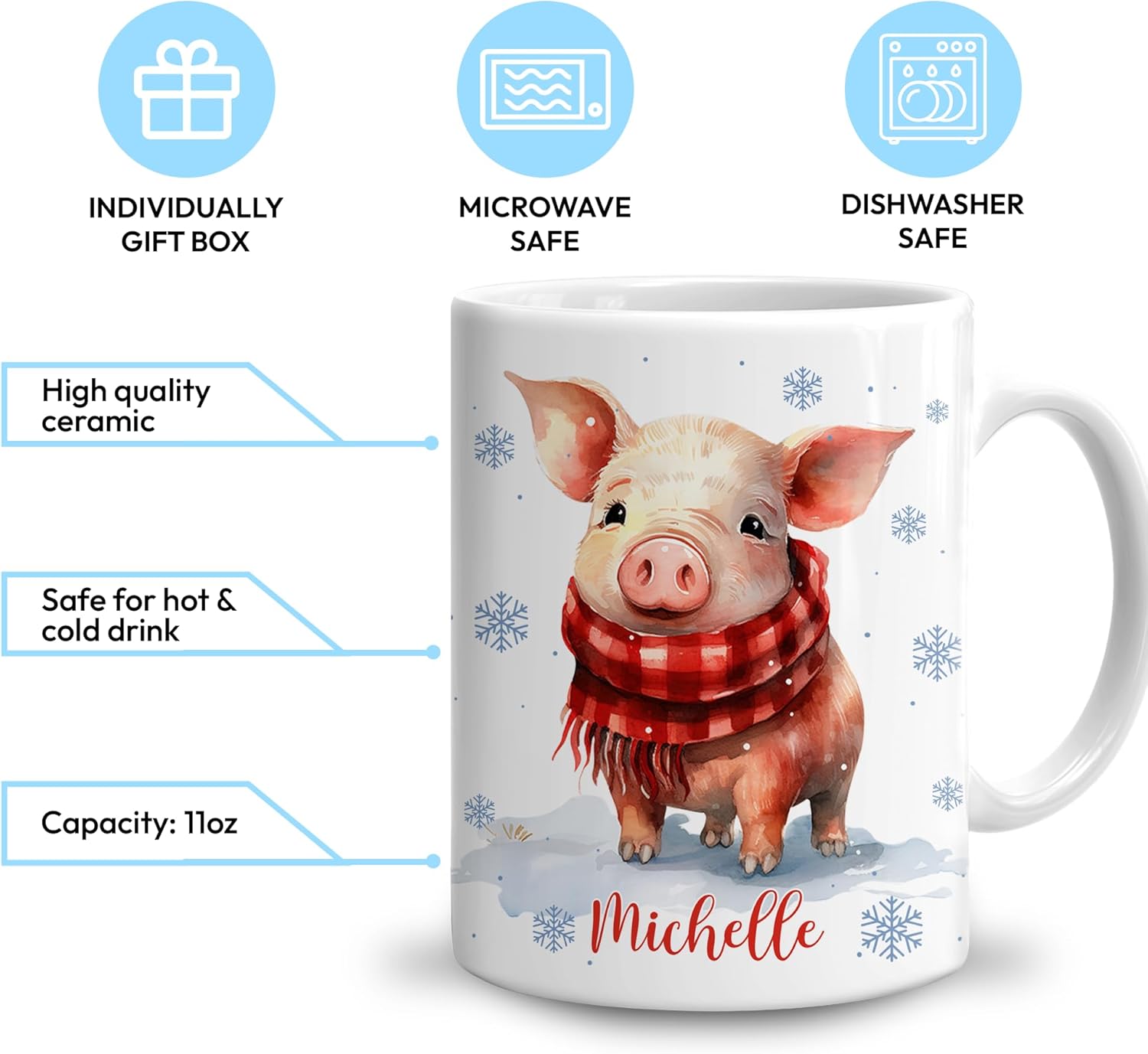 Hyturtle Personalized Pig Mug Gifts For Girls Men Women - Birthday Christmas Gifts For Pig Lovers - Pig Gifts for Women - Custom Name 11oz White Ceramic Coffee Tea Mug Cup - Image 3
