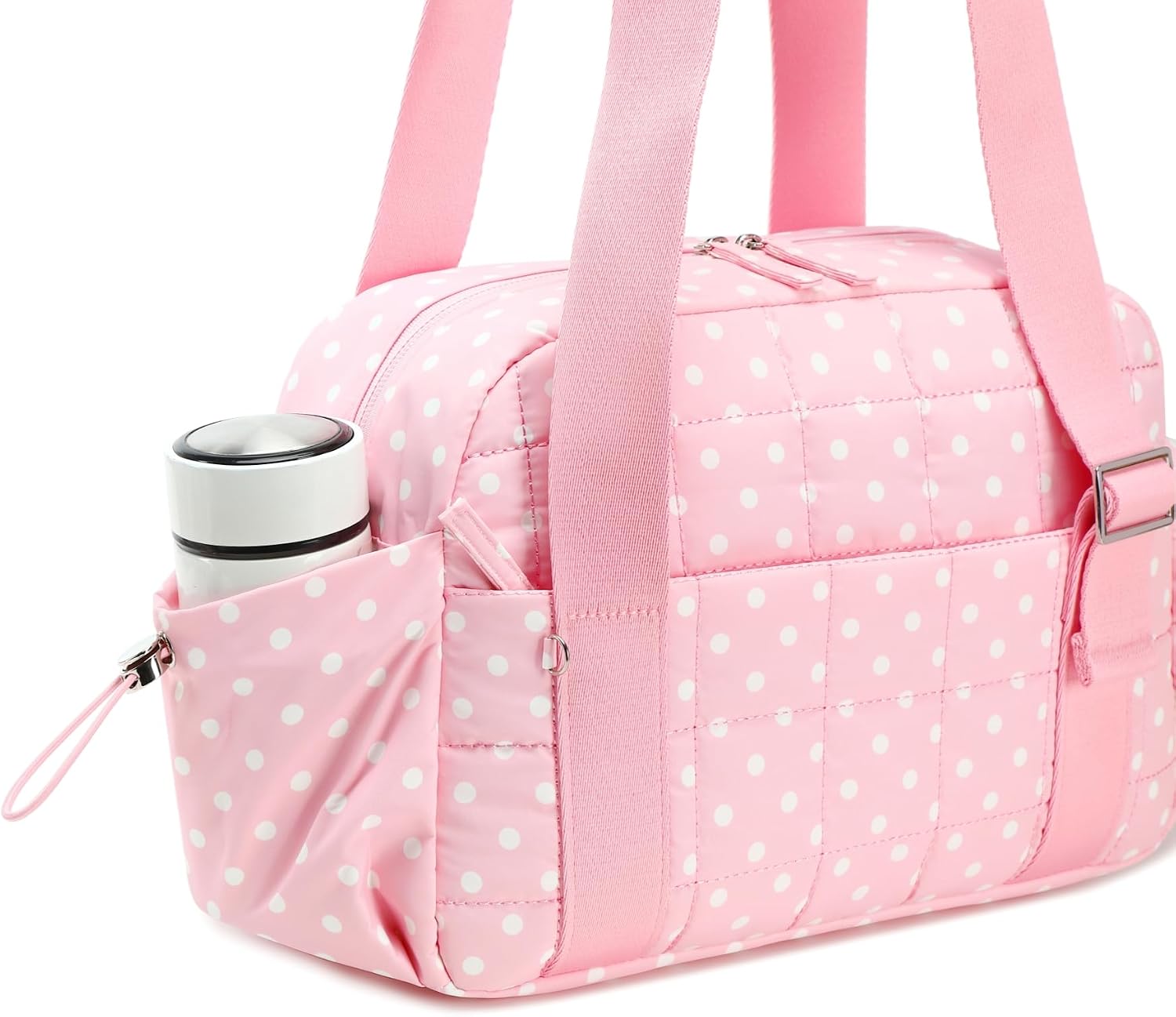 CAMTOP Mini Gym Bag for Women, Small Gym Tote Bag Puffy Quilted Sports Duffel Bag with Wet Compartment and Coin Purse Duffel Bags Dance Yoga Workout Bag for Gifts (Polka Dot Pink, Mini-12.6")