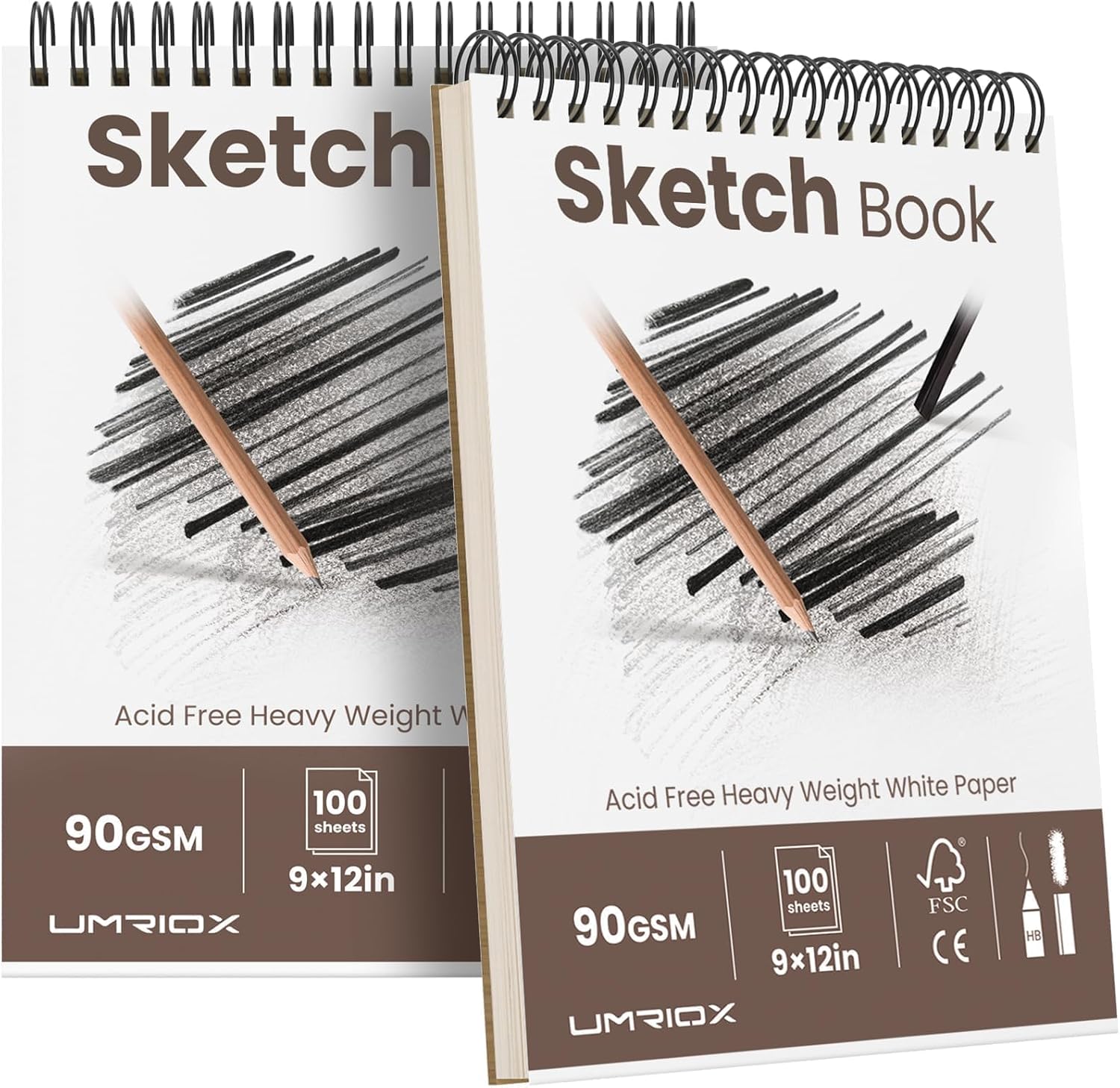 Umriox 9x12 Spiral Sketchbook 2-Pack: 200 Sheets Acid-Free 90gsm Paper, Top-Bound Detachable Pages for Artists & Students