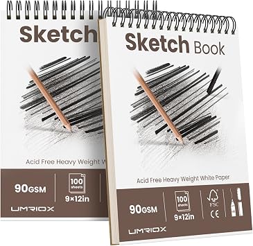 Umriox 9" x 12" Sketch Book, 2-Pack Sketch Pad 100 Sheets Each, Top Spiral Bound Sketchbook, Acid-Free Drawing Paper, Art Drawing Pad for Artists, Students and Designers