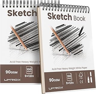Umriox 9" x 12" Sketch Book, 2-Pack Sketch Pad (100 Sheets Each), Top Spiral Bound Sketchbook, Acid-Free Drawing Paper, Art Drawing Pad for Artists, Students and Designers