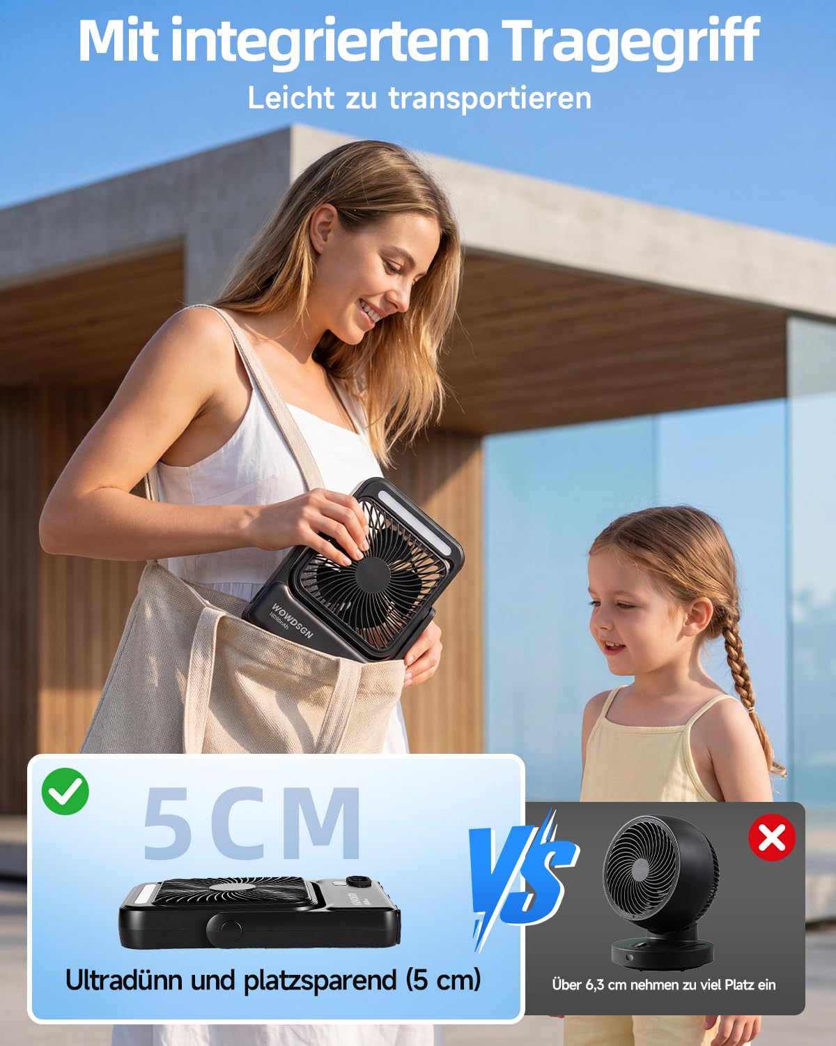 WOWDSGN Ventilator Akku 10000mAh mit Starkem 𝐌𝐚𝐠𝐧𝐞𝐭𝐟𝐮ß, Tischventilator USB mit LED-Nachtlicht & Haken, Powerbank-Funktion, 8-Stunden Timer, für Camping, Wohnmobil, Schlafzimmer, Reisen