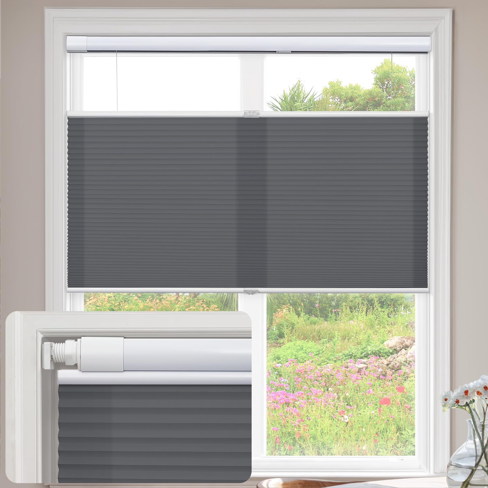 Keego Cellular Pleated Blinds for Window, No Tool No Drill Shades Top-down Bottom-up Blind Light Filtering Cordless Honeycomb Shade for Home Office (Light Filtering - Haze Gray, 160cm W x 122cm H)