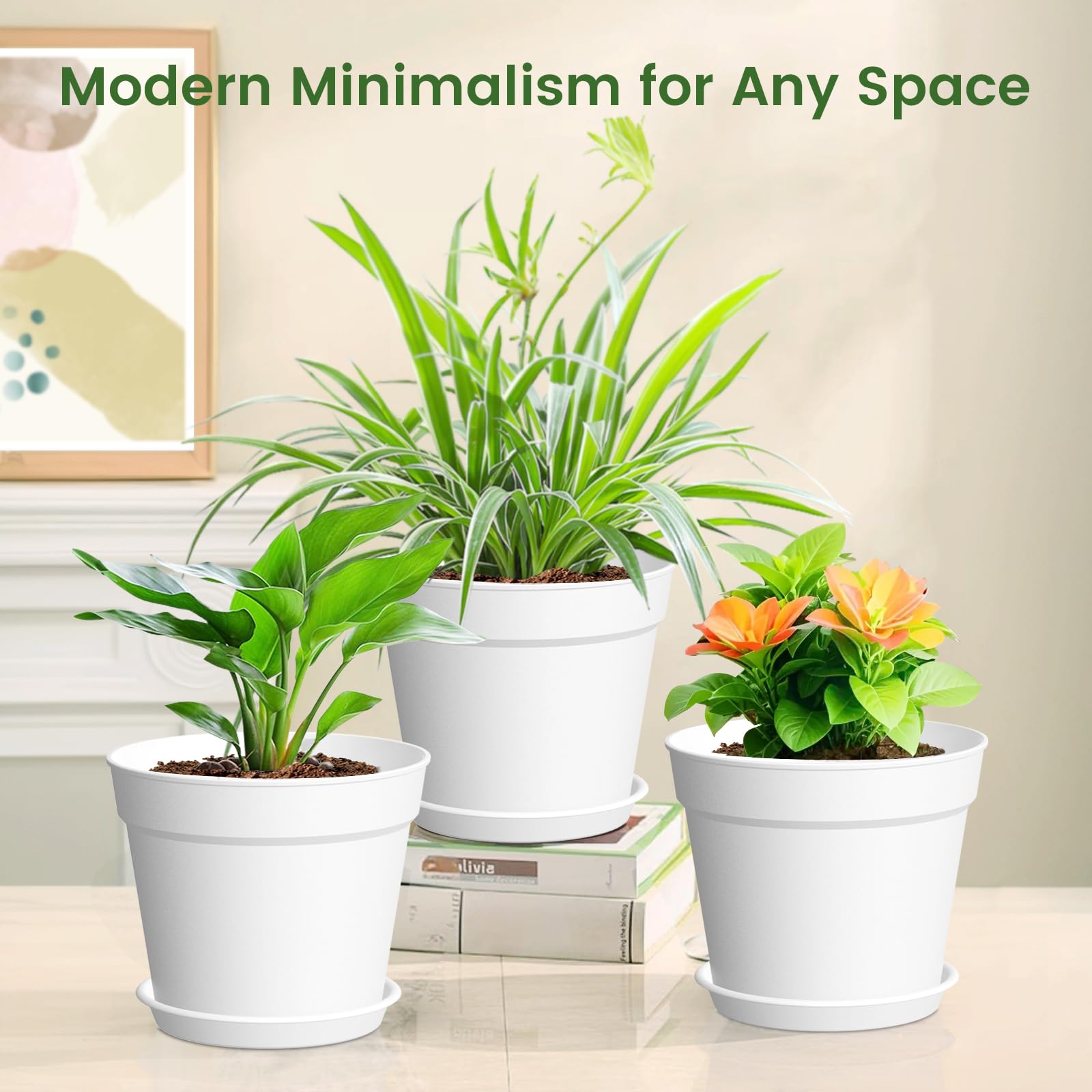 Paquete de 10 macetas de 6 pulgadas con drenaje y platillos, macetas de plástico blanco para plantas de interior y exterior, macetas apilables para plantas de interior y hierbas, color blanco 3