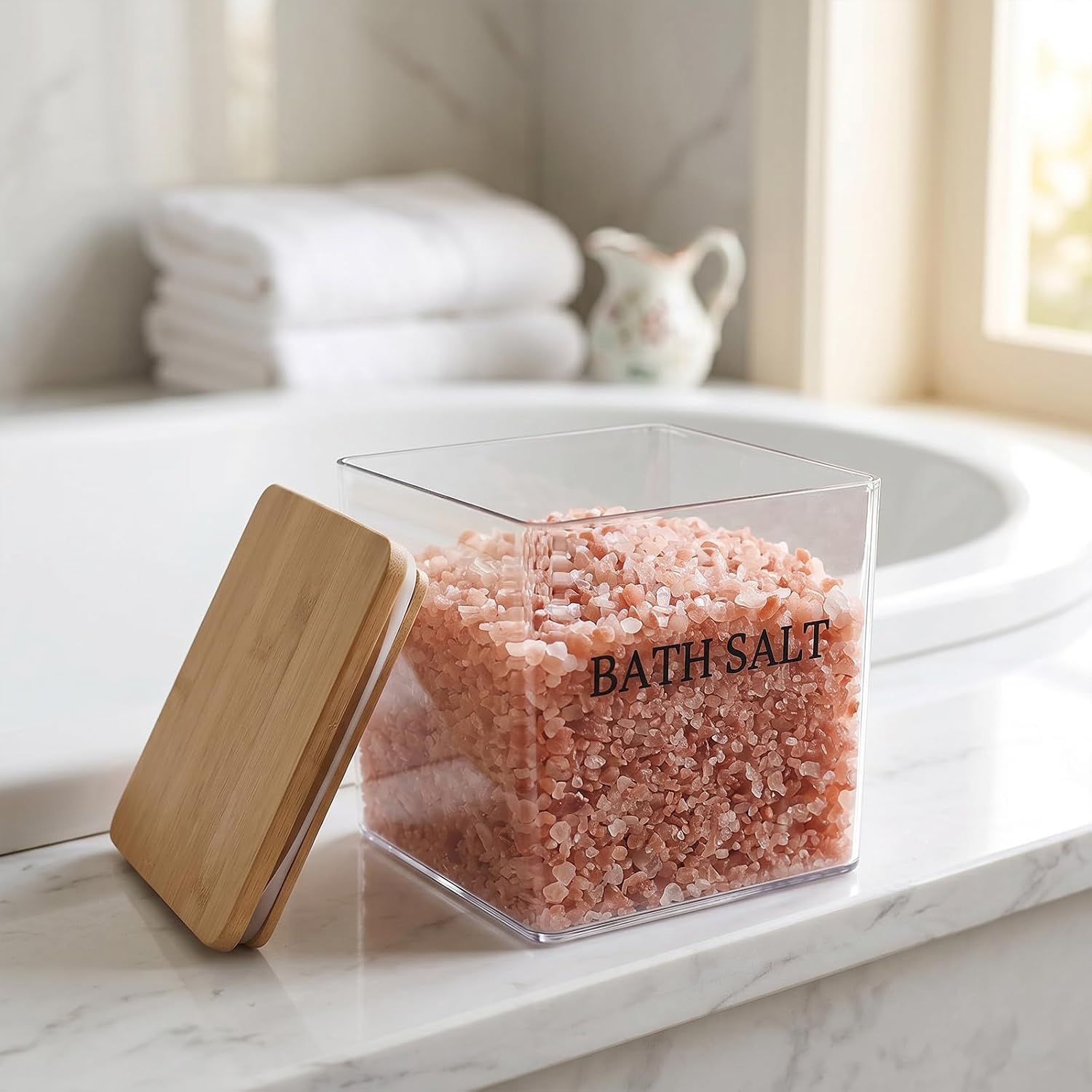 Bath Salt Container,Clear Plastic Storage Bathroom Canisters with Wooden Lids