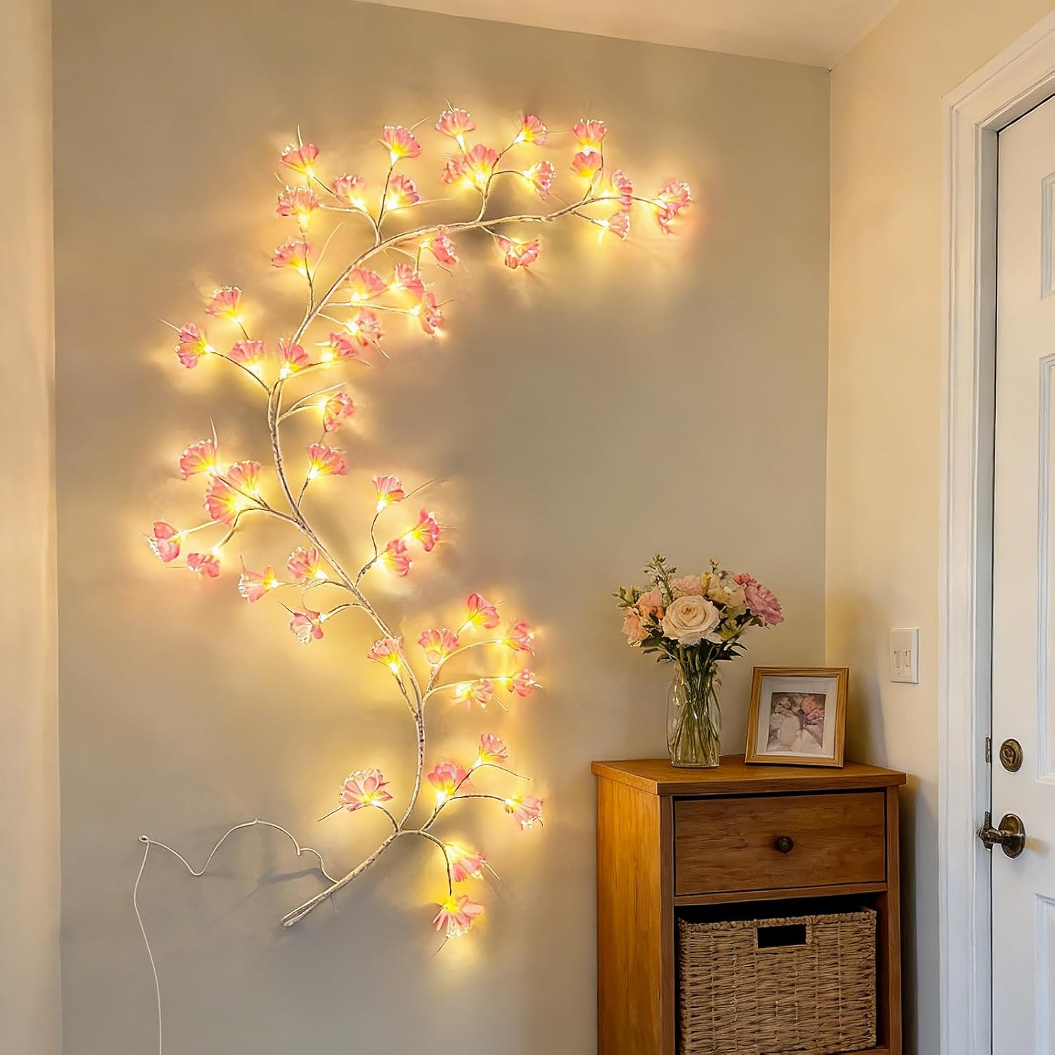 Cherry Blossom Tree Branch Lights: Cherry Blossom Willow Vine Garland with 54 LED Light and Remote for Wall Decor - 4 Lighting Modes Christmas Indoor Decorations for Home Bedroom Window (Pink)