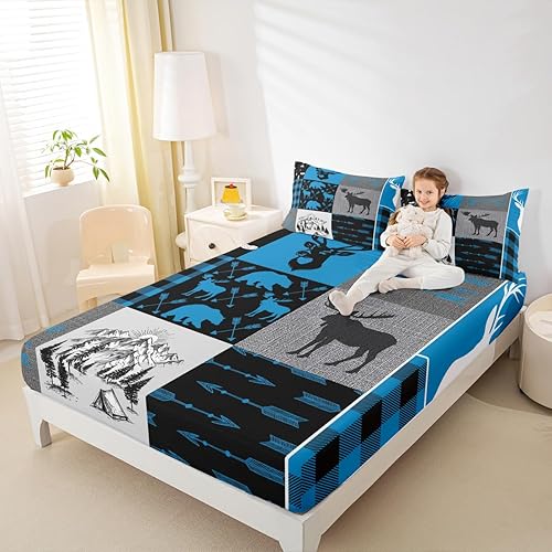 Miniatura 36 de Sábana bajera ajustable de oso de caza, juego de ropa de cama a cuadros de búfalo, sábanas de retazos de cabaña rústica para niños, niños, Multi